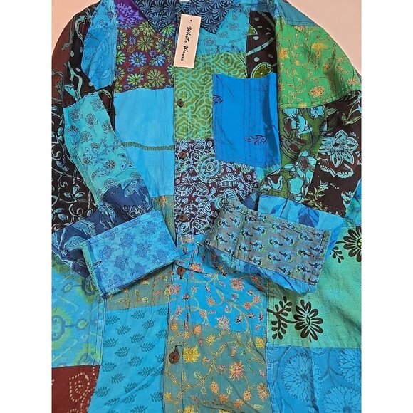 Turquoise Patchwork Unisex Boho Vintage Style Shirt button up front size L New - Picture 5 of 14
